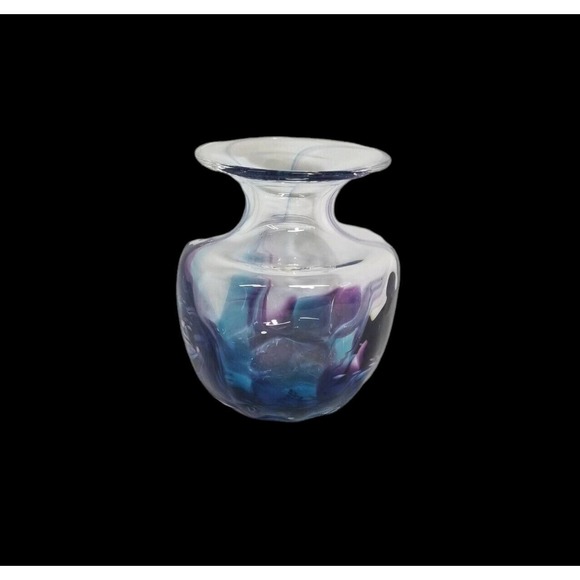 Jerpoint Glass Studio Ireland Hand Blown Purple Blue Swirl 4" Glass Vase